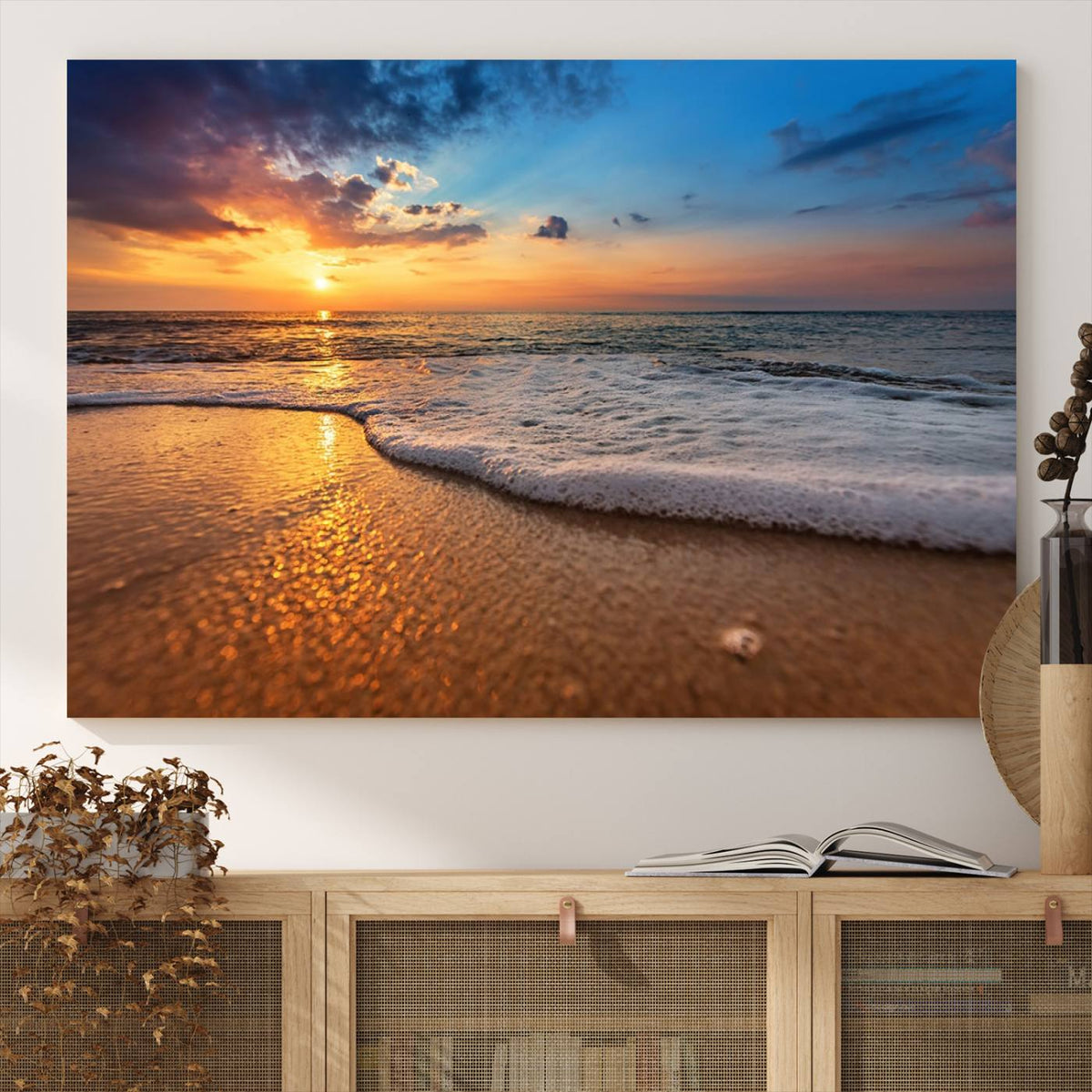 Golden Sunset Beach Waves Canvas Print, Triptych Canvas Wall