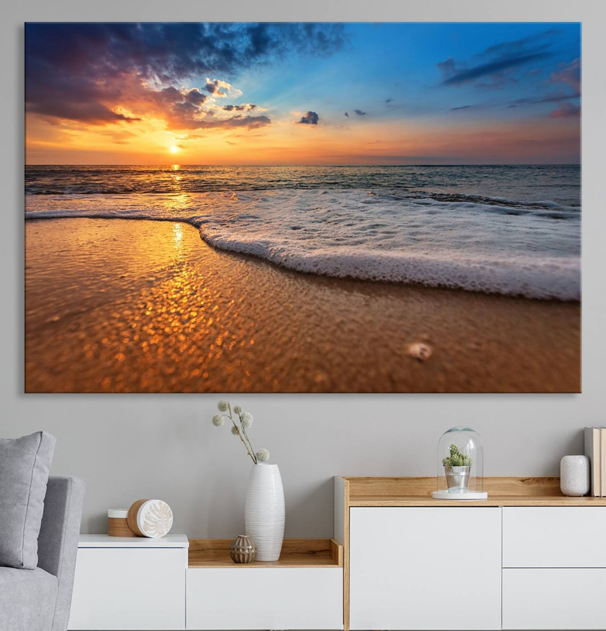 Golden Sunset Beach Waves Canvas Print, Triptych Canvas Wall