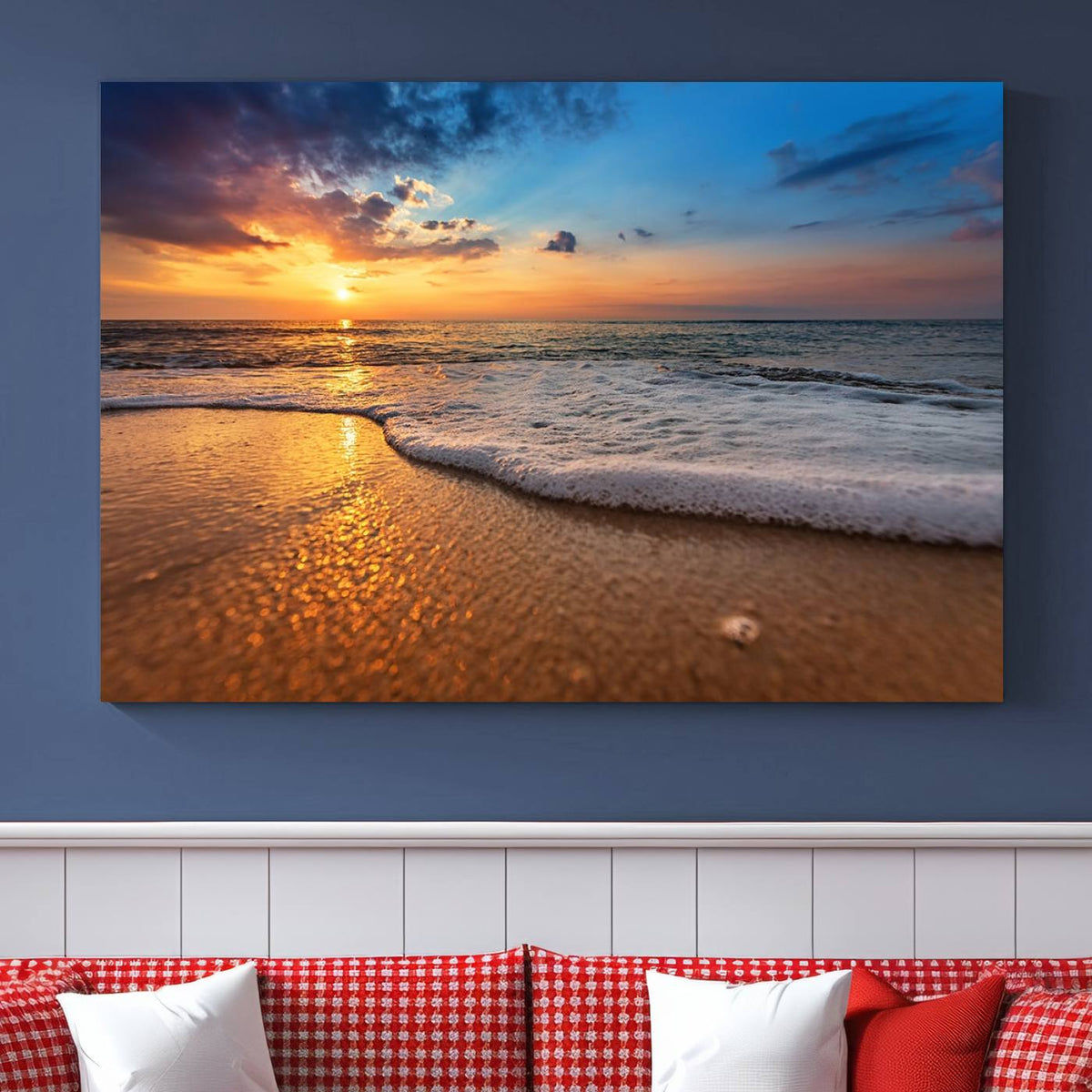 Golden Sunset Beach Waves Canvas Print, Triptych Canvas Wall