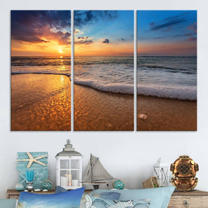 Golden Sunset Beach Waves Canvas Print, Triptych Canvas Wall
