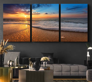 Golden Sunset Beach Waves Canvas Print, Triptych Canvas Wall