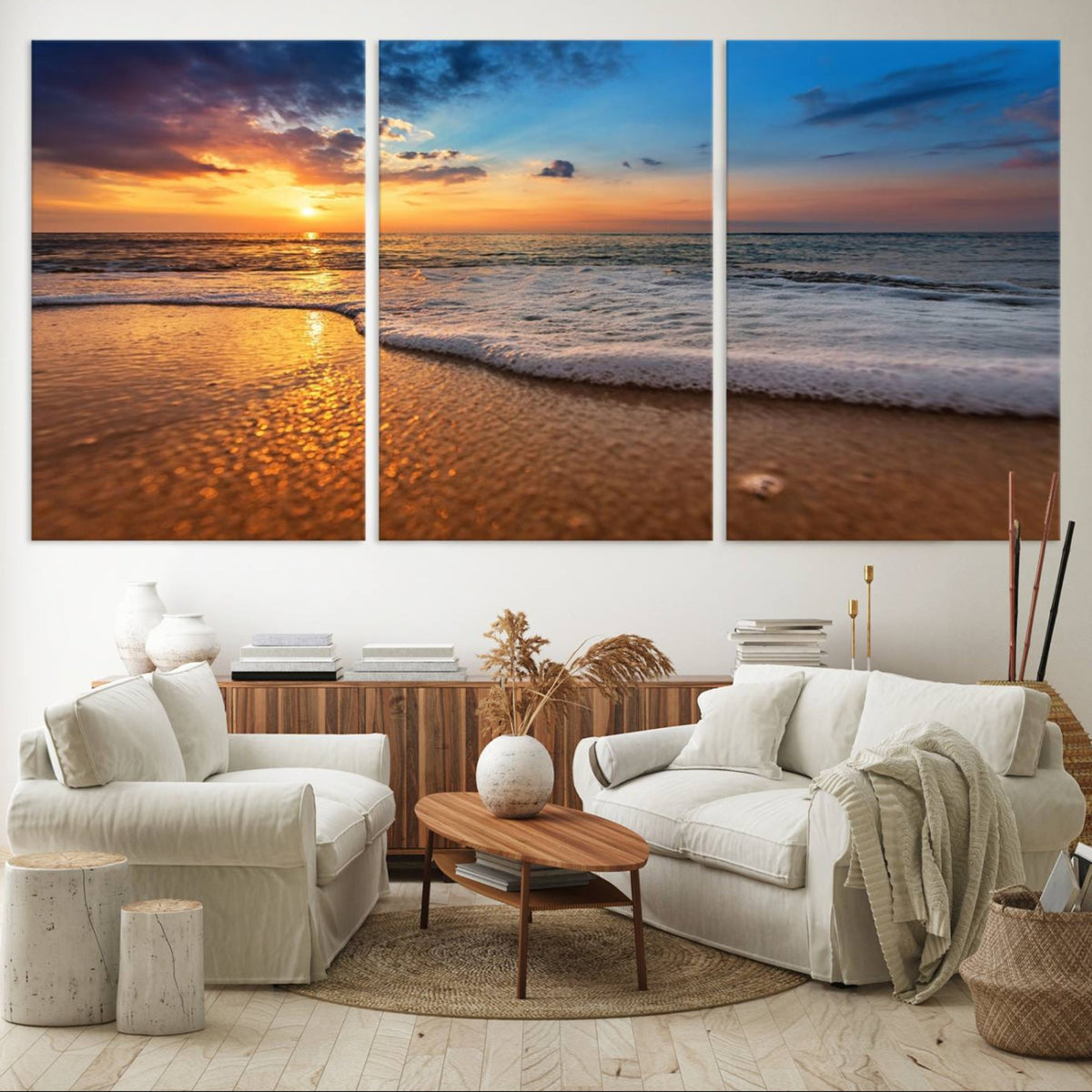 Golden Sunset Beach Waves Canvas Print, Triptych Canvas Wall