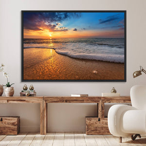 Golden Sunset Beach Waves Canvas Print, Triptych Canvas Wall