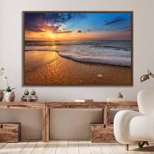 Golden Sunset Beach Waves Canvas Print, Triptych Canvas Wall