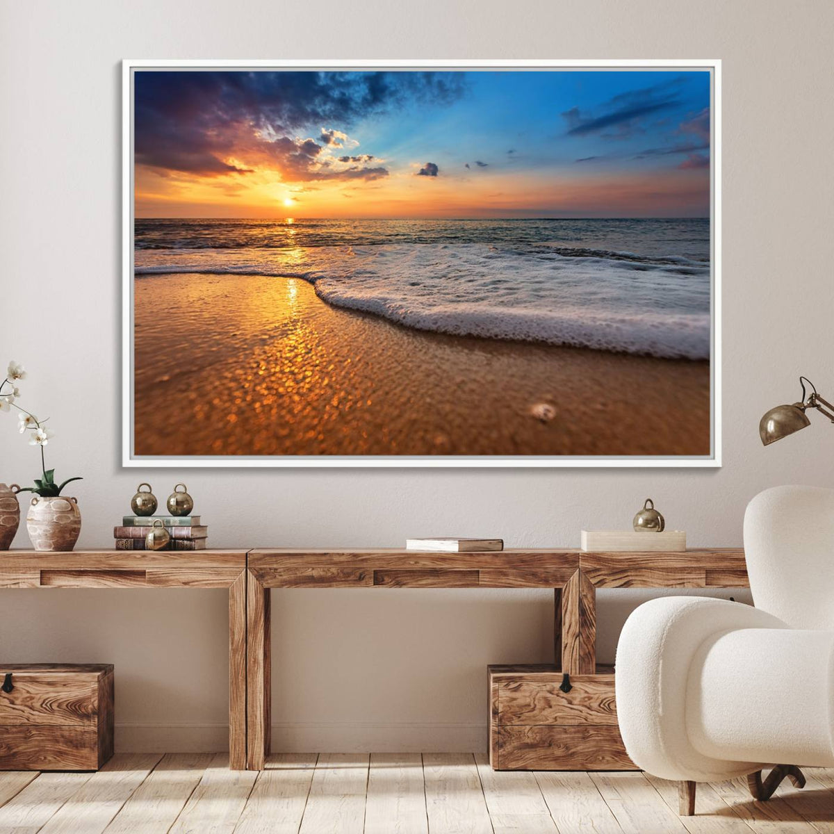Golden Sunset Beach Waves Canvas Print, Triptych Canvas Wall