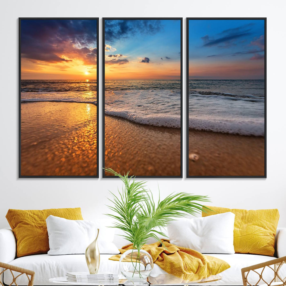 Golden Sunset Beach Waves Canvas Print, Triptych Canvas Wall