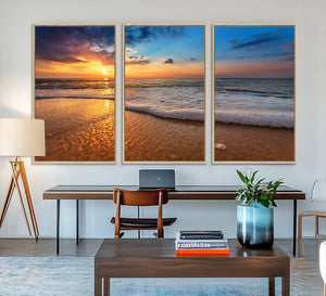 Golden Sunset Beach Waves Canvas Print, Triptych Canvas Wall