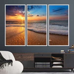 Golden Sunset Beach Waves Canvas Print, Triptych Canvas Wall