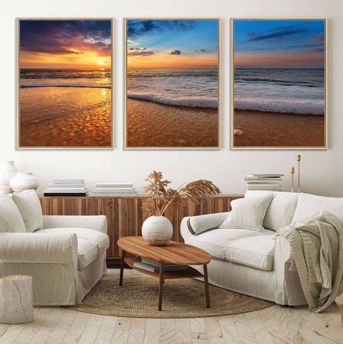 Golden Sunset Beach Waves Canvas Print, Triptych Canvas Wall