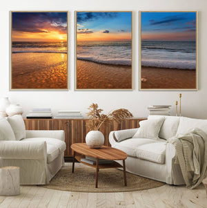 Golden Sunset Beach Waves Canvas Print, Triptych Canvas Wall