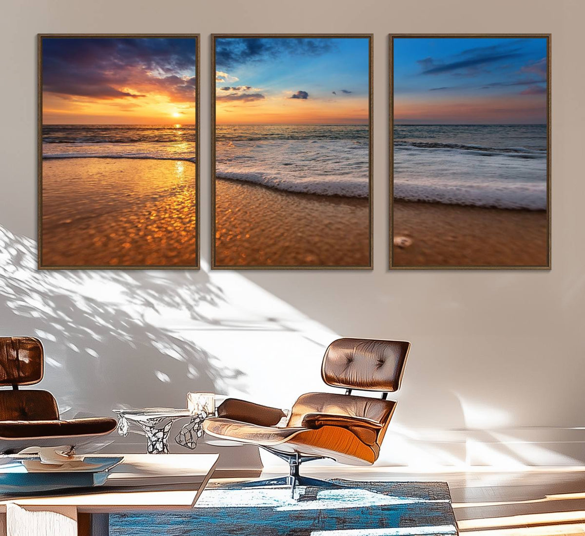 Golden Sunset Beach Waves Canvas Print, Triptych Canvas Wall