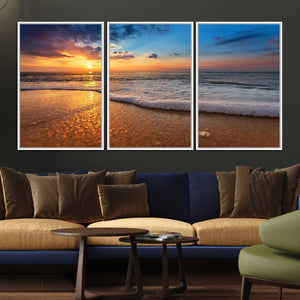 Golden Sunset Beach Waves Canvas Print, Triptych Canvas Wall