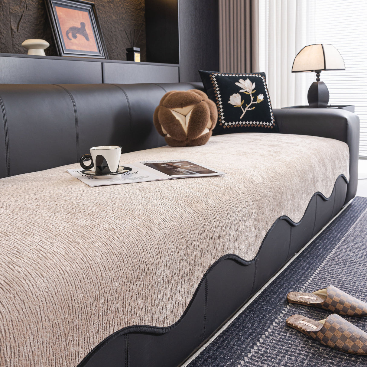Chenille Couch Cover with Scalloped Edge, Non-Slip Modular Slipcover