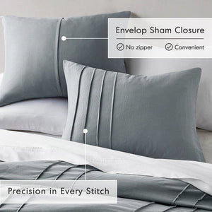King size Pleated Pre-Washed Microfiber Comforter Set in Blue Grey
