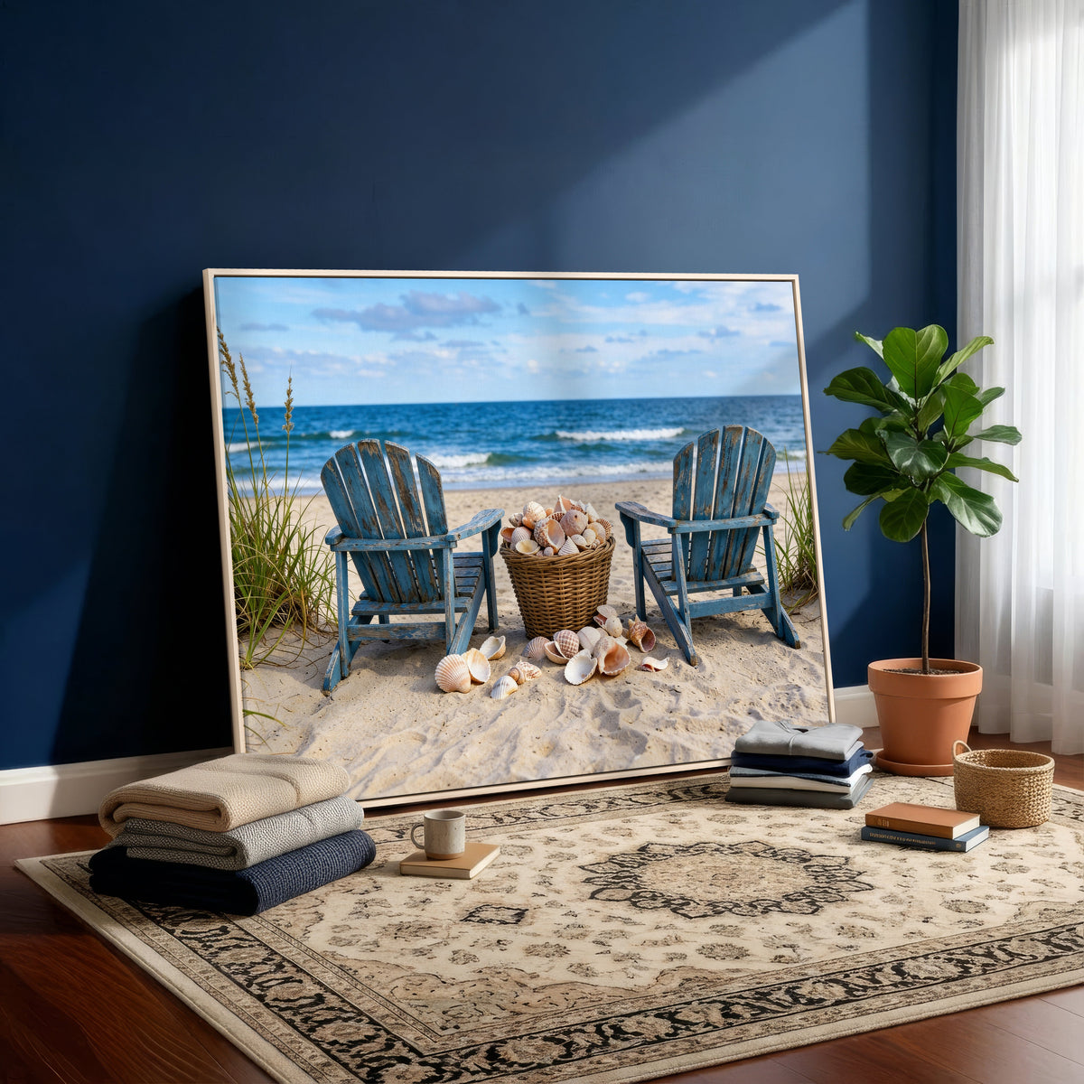 Large Beach Canvas Wall Art Coastal Adirondack Chairs Ocean