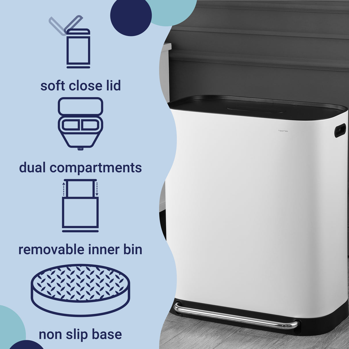 Beni Kitchen Trash/Recycling Double-Bucket Step Trash Can with Odor Filter and Lid Support