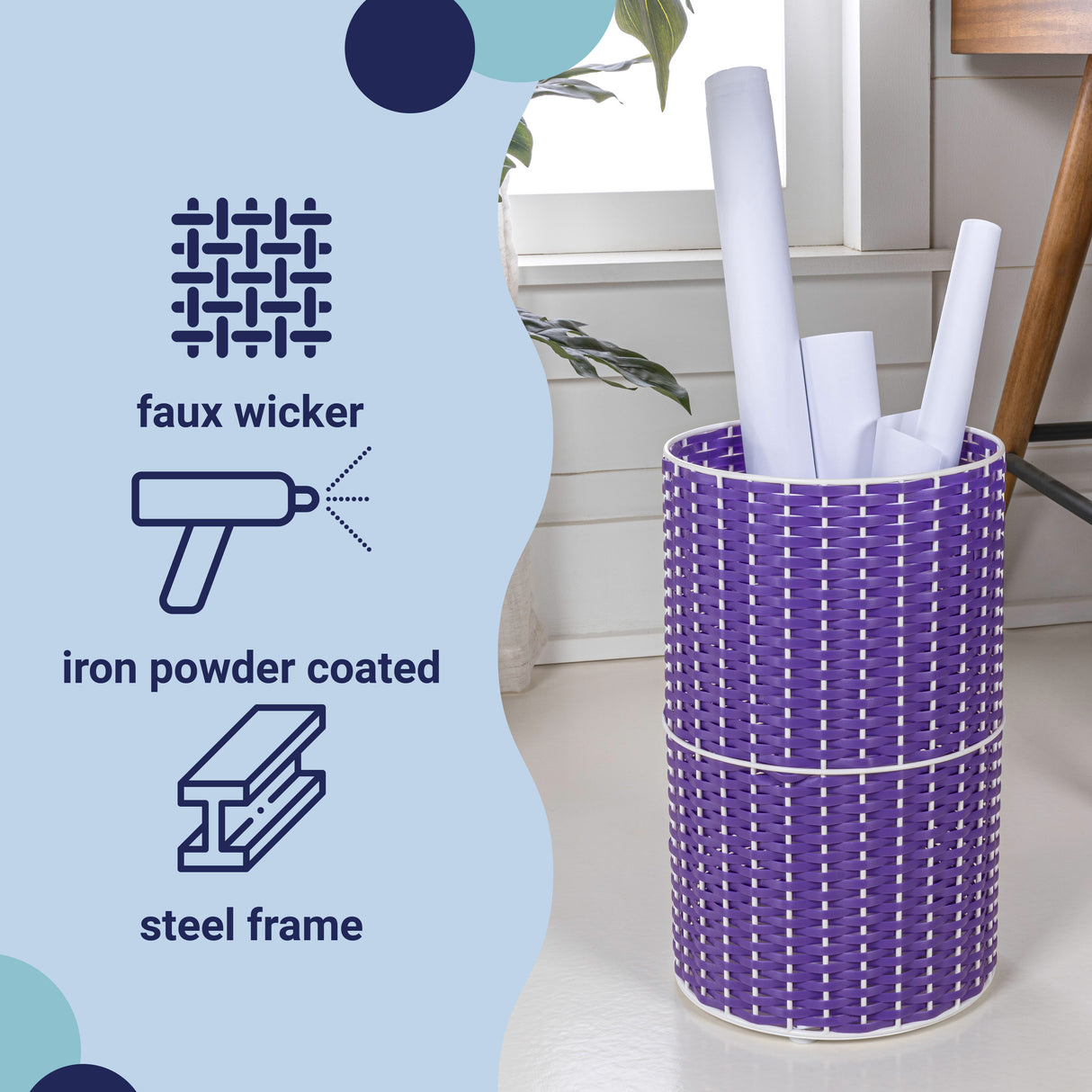 Cecil Modern Faux Wicker Cylinder Waste Basket
