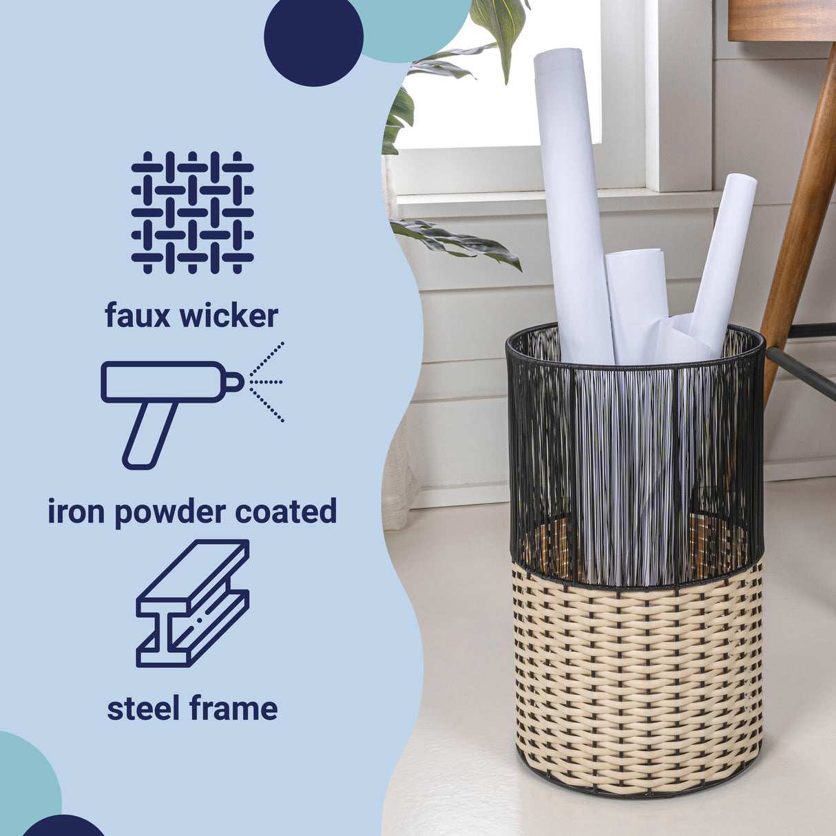 Harper Modern 2-Tone Faux Wicker Cylinder Outdoor Trash Can