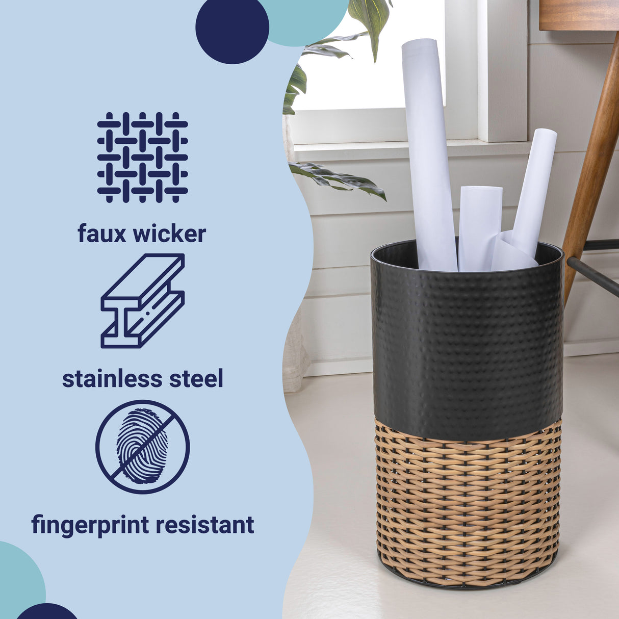 Asher Modern 2-Tone Faux Wicker/Metal Cylinder Waste Basket