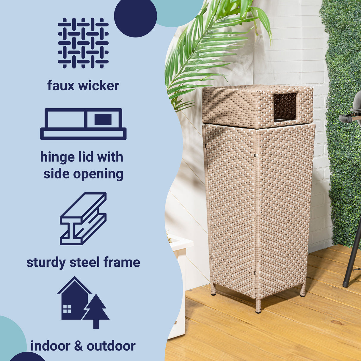 Keaton modern all-weather wicker/metal lidded hideaway outdoor trash can