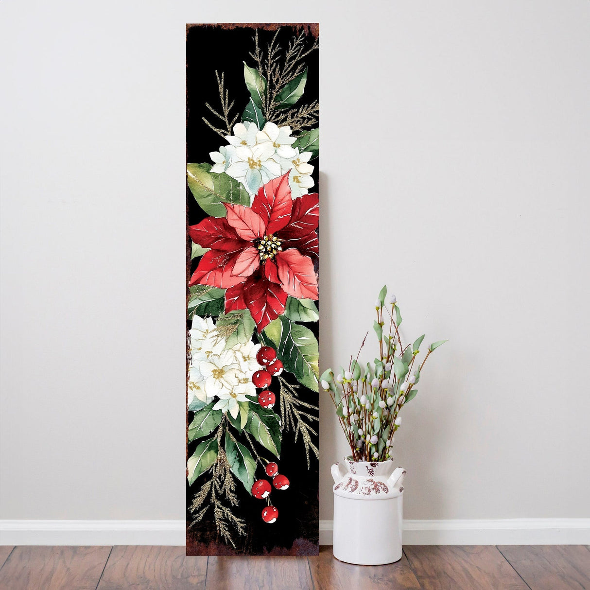 48-inch Christmas Poinsettias Porch Sign - Holiday Front Porch Plaque | Christmas Decoration | Christmas Entryway Decor | Wood, 48x12in