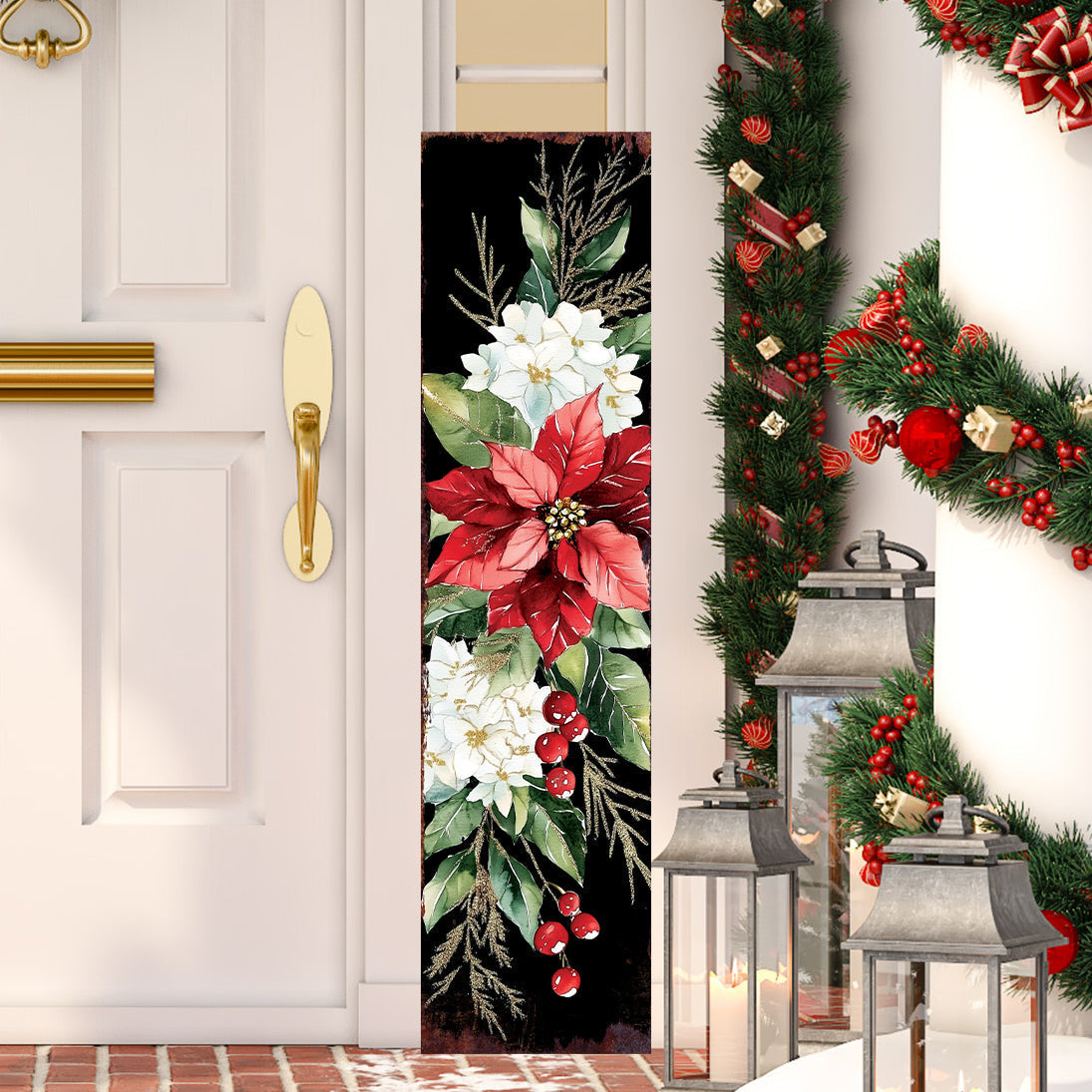 48-inch Christmas Poinsettias Porch Sign - Holiday Front Porch Plaque | Christmas Decoration | Christmas Entryway Decor | Wood, 48x12in
