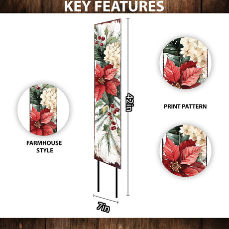 42in Christmas Garden Stake | Watercolor Poinsettias & Mistletoe | Outdoor Winter Decor, Yard Art