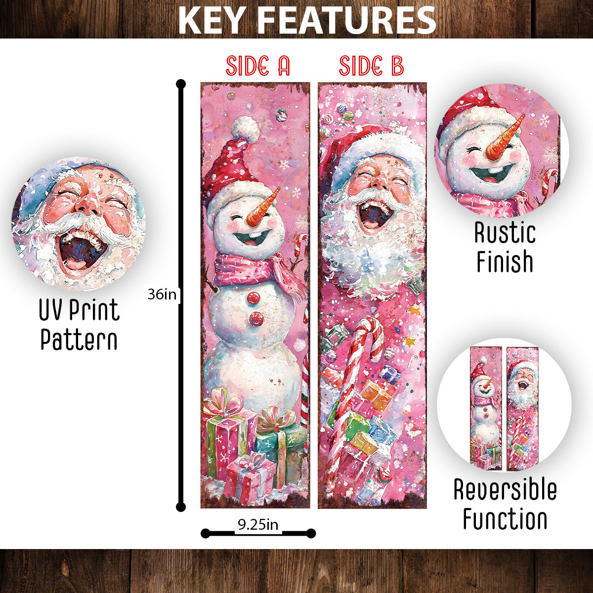 36in Christmas Reversible Porch Sign | Watercolor Santa & Snowman | UV Protected | Holiday Door Decor | Entryway Decoration | 36x9.25in