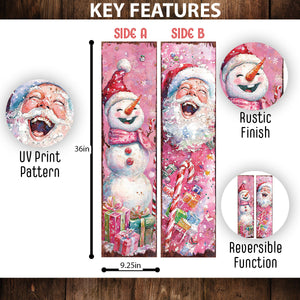 36in Christmas Reversible Porch Sign | Watercolor Santa & Snowman | UV Protected | Holiday Door Decor | Entryway Decoration | 36x9.25in