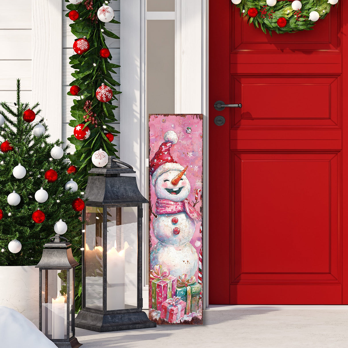 36in Christmas Reversible Porch Sign | Watercolor Santa & Snowman | UV Protected | Holiday Door Decor | Entryway Decoration | 36x9.25in