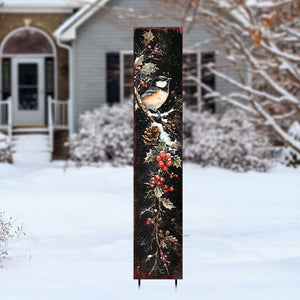 42in Christmas Garden Stake | Watercolor Chickadee Design | Outdoor Yard Sign | Winter Garden Decor