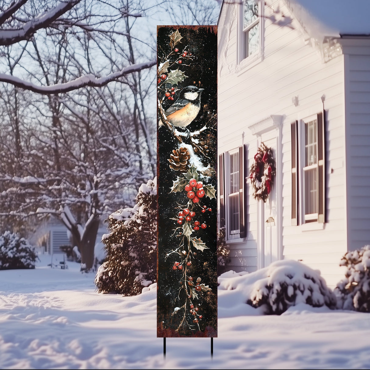 42in Christmas Garden Stake | Watercolor Chickadee Design | Outdoor Yard Sign | Winter Garden Decor