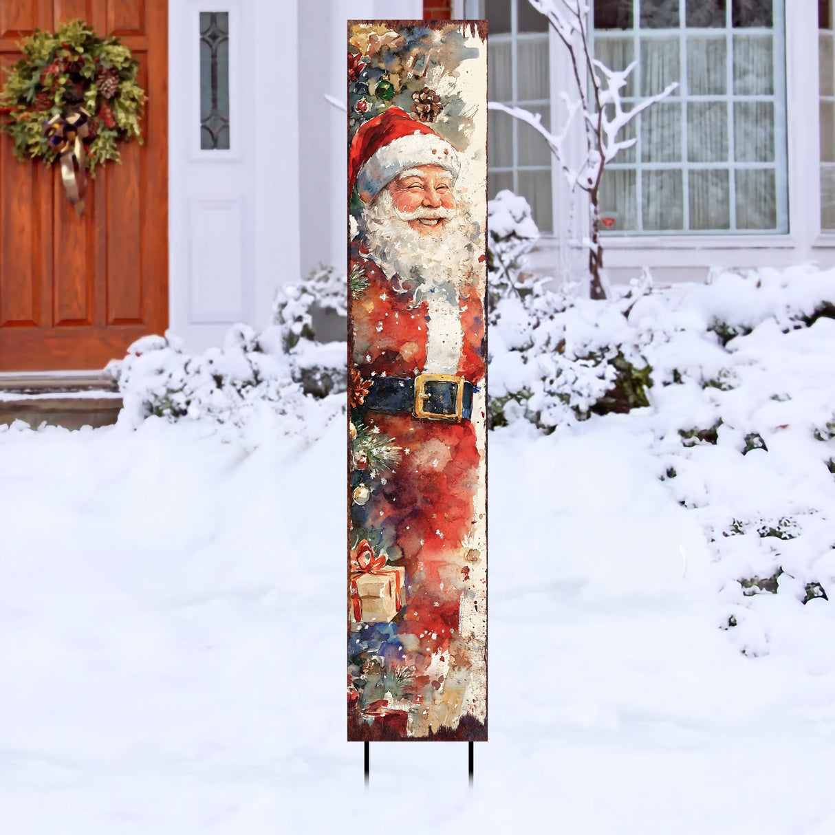 42in Christmas Garden Stake | Watercolor Santa Design | Outdoor Yard Sign | Vintage Poster Style Holiday Decor