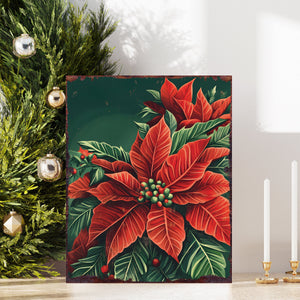 15in Christmas Table Decor | Vintage Poinsettia Flowers Tabletop Decoration | Wooden Indoor Party Decor | 15x12in