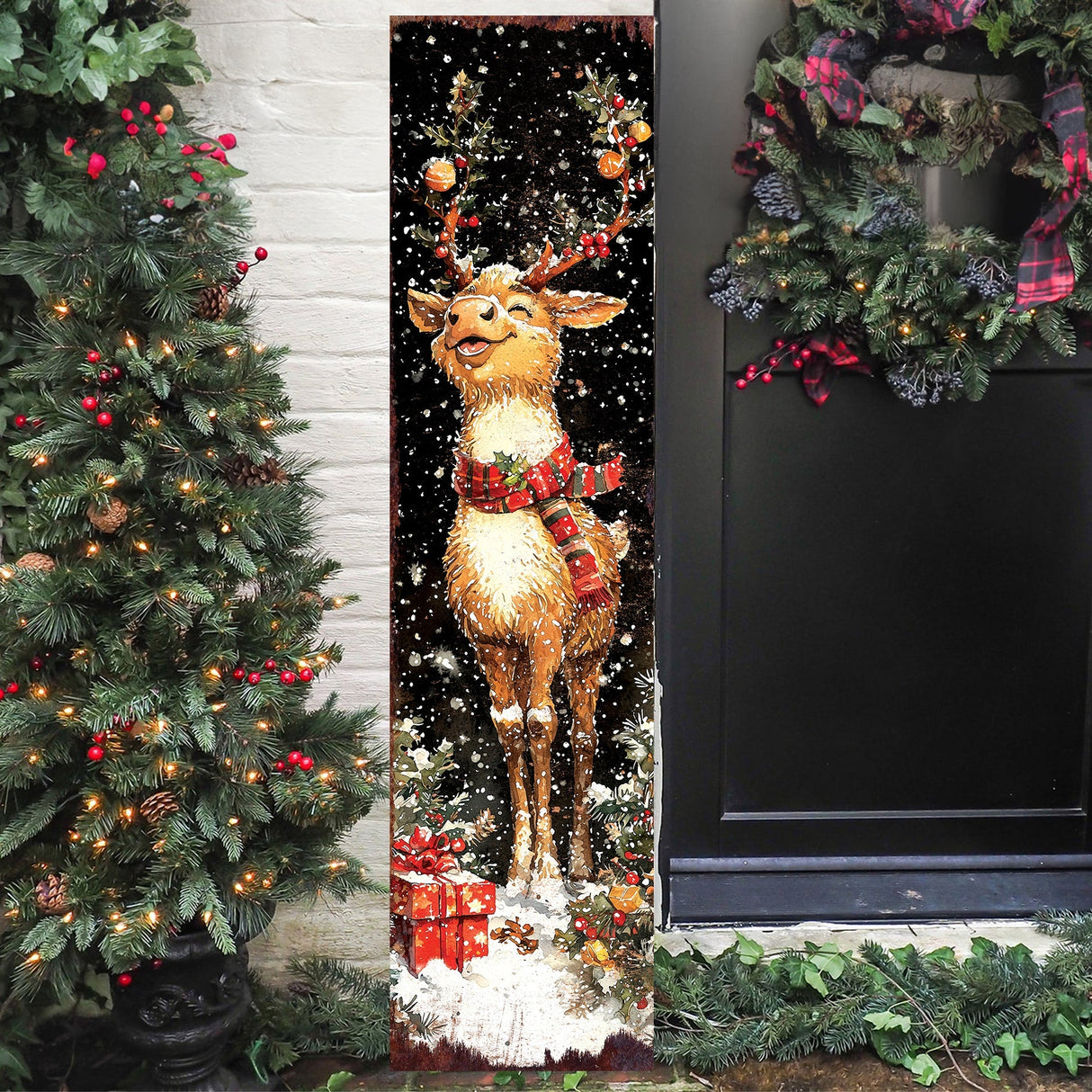 Rudolph Christmas Porch Sign | Front Porch Holiday Plaque | Winter Entryway Decor | Wood, UV Print