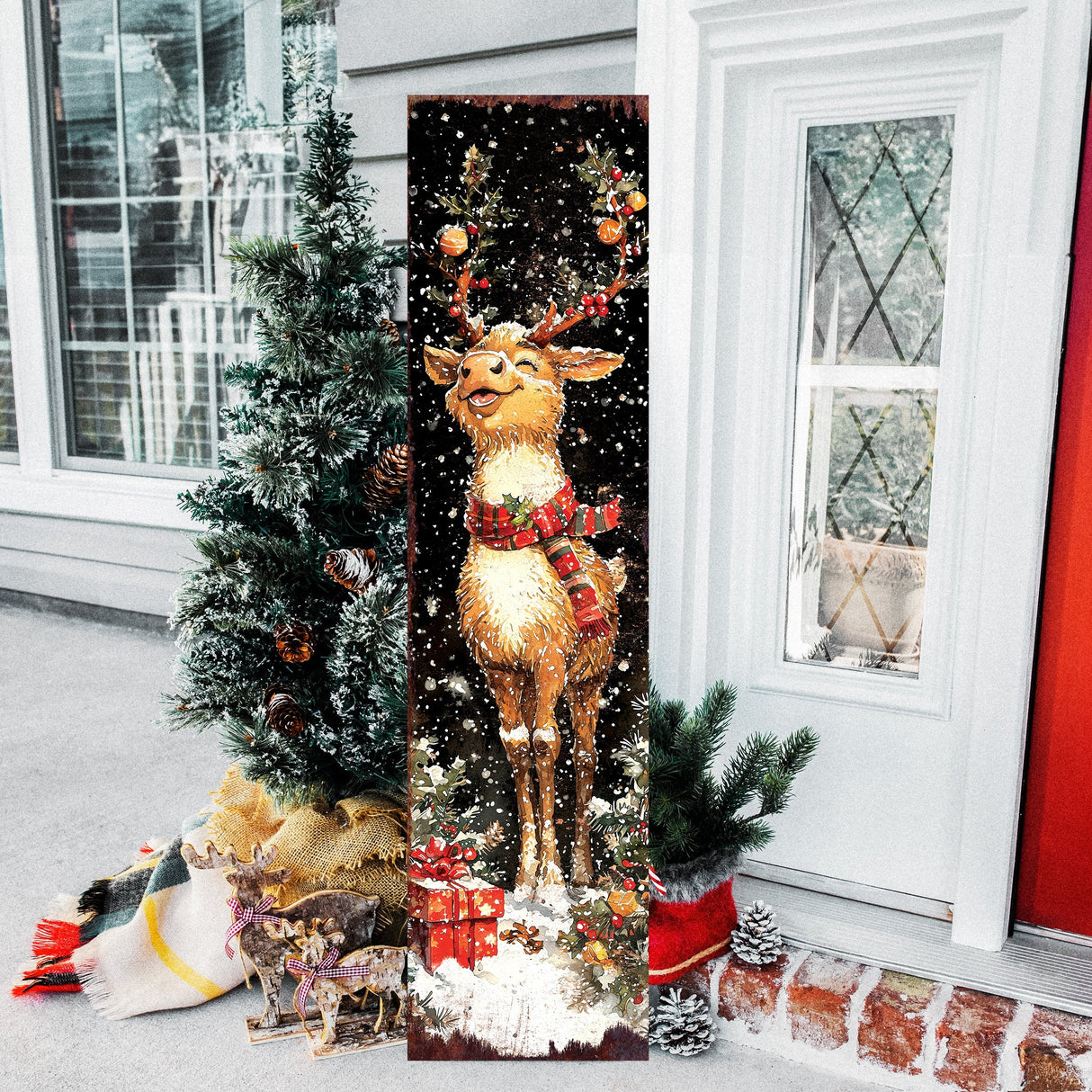 Rudolph Christmas Porch Sign | Front Porch Holiday Plaque | Winter Entryway Decor | Wood, UV Print