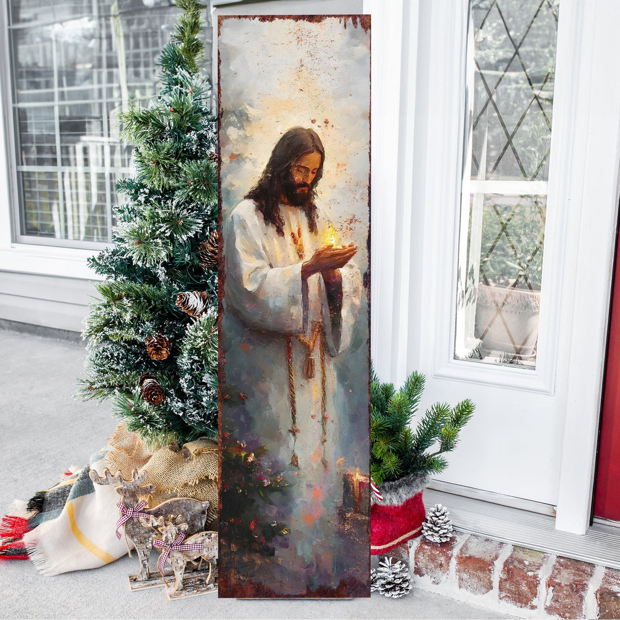 Jesus Christ Religious Porch Sign | Front Porch Plaque | Holiday Entryway Wooden Decor | Wood, UV Print | 3 Sizes