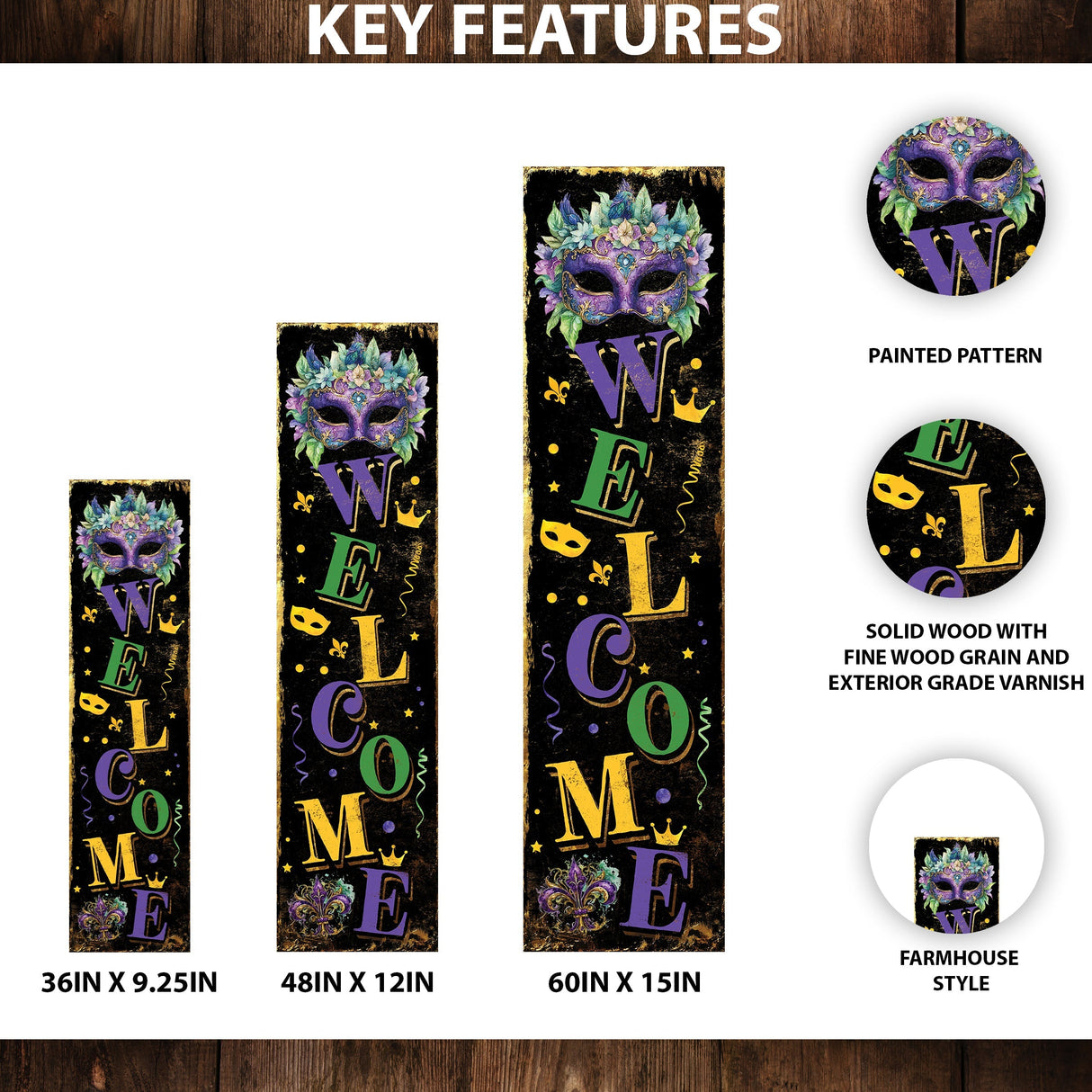 Welcome Mardi Gras Porch Sign | Wooden Entryway Decor | UV Print | Front Porch Plaque | Festive Mardi Gras Decor | 3 Sizes