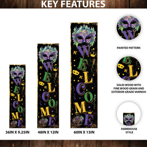 Welcome Mardi Gras Porch Sign | Wooden Entryway Decor | UV Print | Front Porch Plaque | Festive Mardi Gras Decor | 3 Sizes