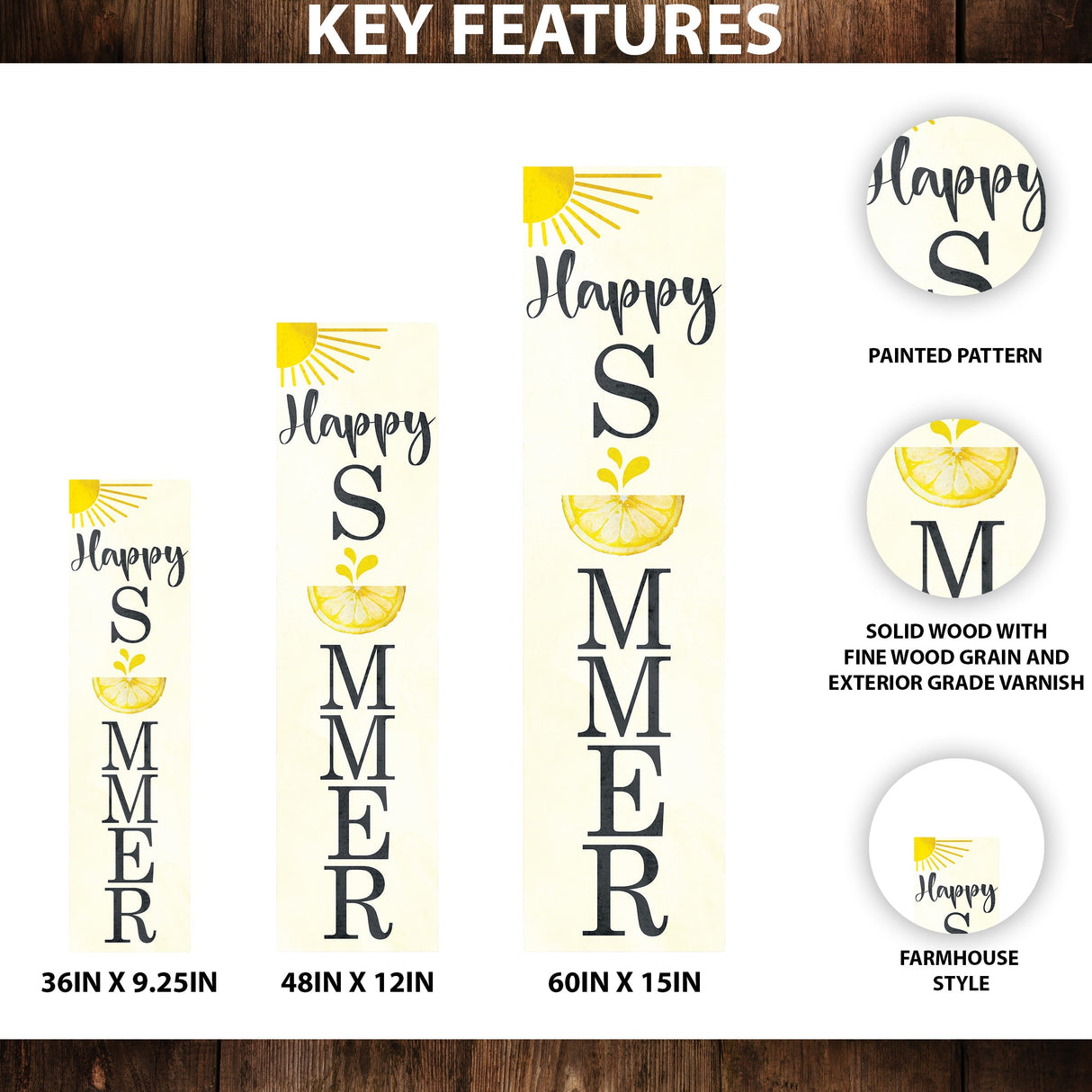Happy Summer Lemon Porch Sign | Front Door Decor with Sun & Lemon Design | Farmhouse Style Summer Wall Hanging | 3 Sizes Available