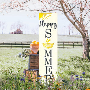 Happy Summer Lemon Porch Sign | Front Door Decor with Sun & Lemon Design | Farmhouse Style Summer Wall Hanging | 3 Sizes Available