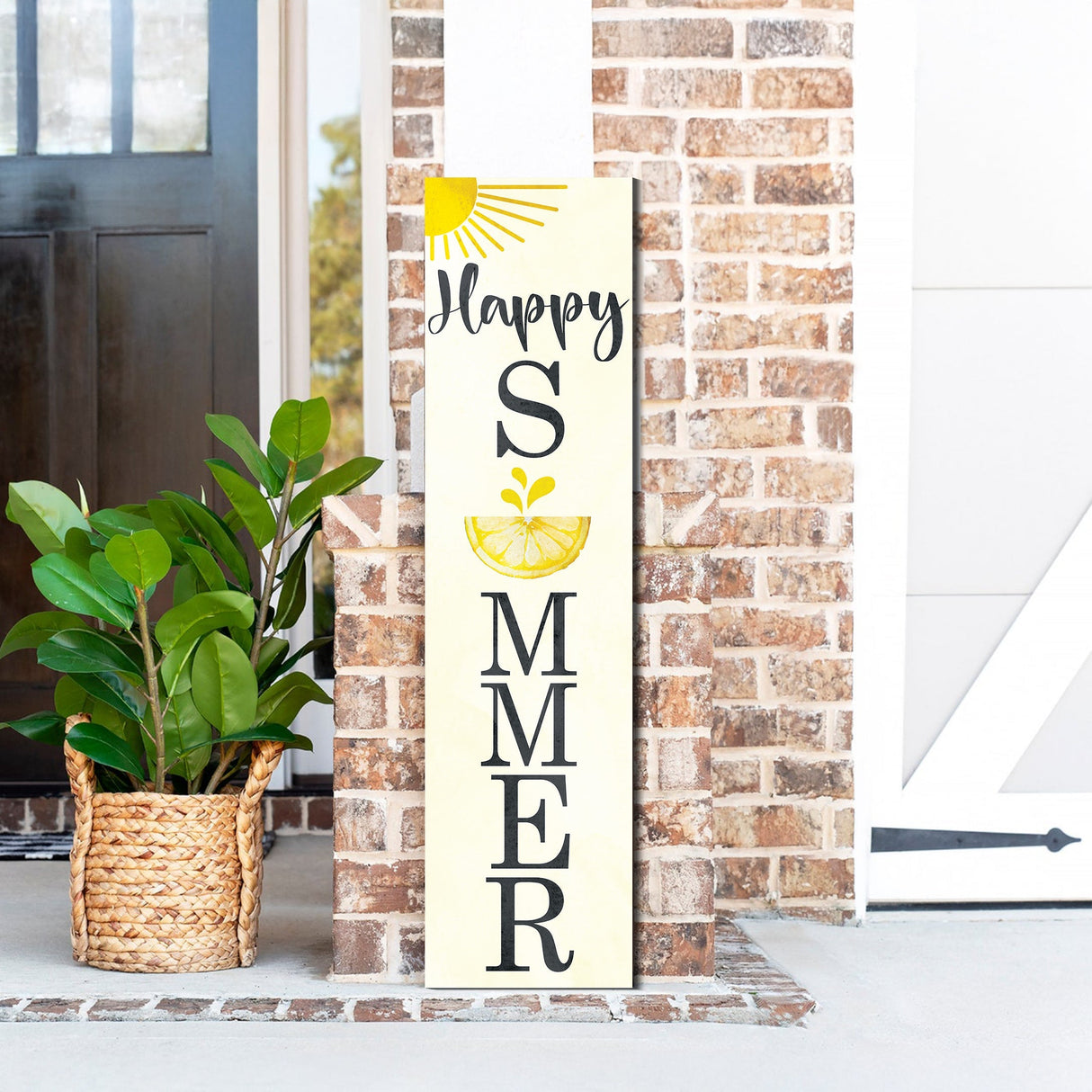 Happy Summer Lemon Porch Sign | Front Door Decor with Sun & Lemon Design | Farmhouse Style Summer Wall Hanging | 3 Sizes Available