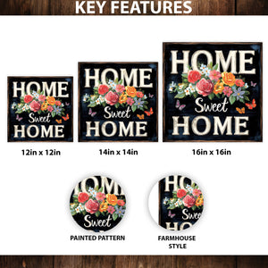 Spring Home Sweet Home Wall Decor with Floral & Butterfly Design | Rustic Farmhouse Style Canvas Art | 3 Sizes Available