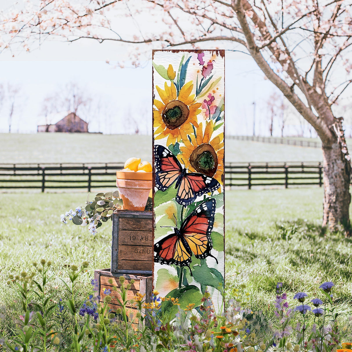 Summer Watercolor Monarch Butterfly with Sunflower Porch Sign | Multi Sizes Patterns Available | Perfect Summer Yard & Front Door Decor