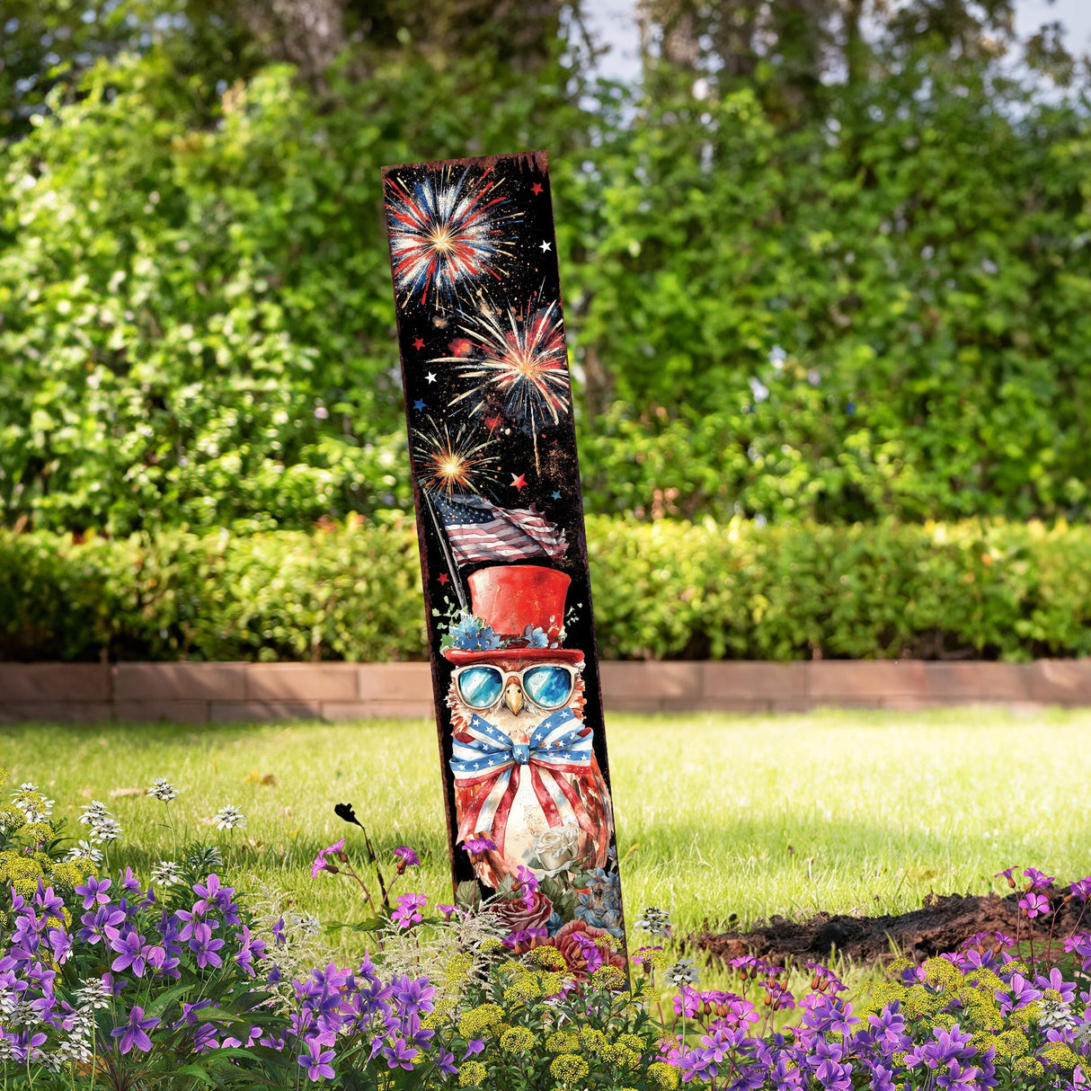 4th of July Owl & Fireworks Garden Stake | Multi Sizes | Perfect Patriotic Yard Independence Day Garden Decor | Outdoor Stake Sign