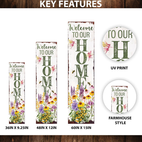 Summer Welcome to Our Home Porch Sign | Wildflower Garden Design with Bees & Fairies | UV Print | Multi Sizes for Front Porch Decor