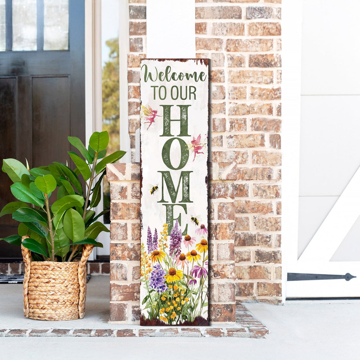 Summer Welcome to Our Home Porch Sign | Wildflower Garden Design with Bees & Fairies | UV Print | Multi Sizes for Front Porch Decor