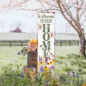 Summer Welcome to Our Home Porch Sign | Wildflower Garden Design with Bees & Fairies | UV Print | Multi Sizes for Front Porch Decor