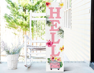 36in tropical hello porch sign with floral bus pattern for front door, wooden 36-inch summer welcome display, front porch decor