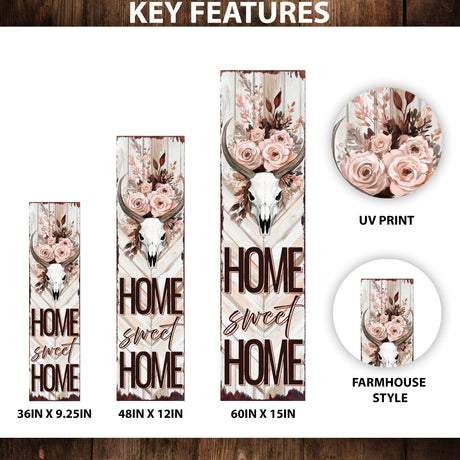 Summer Western Porch Sign | Home Sweet Home Bull Skull Floral Design | Multi Sizes | Rustic Garden Decor For Porch, Entryway, Or Yard